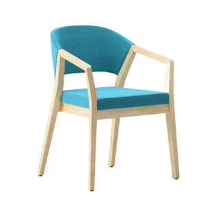 Stapelstoel van hout met blauwe zitting